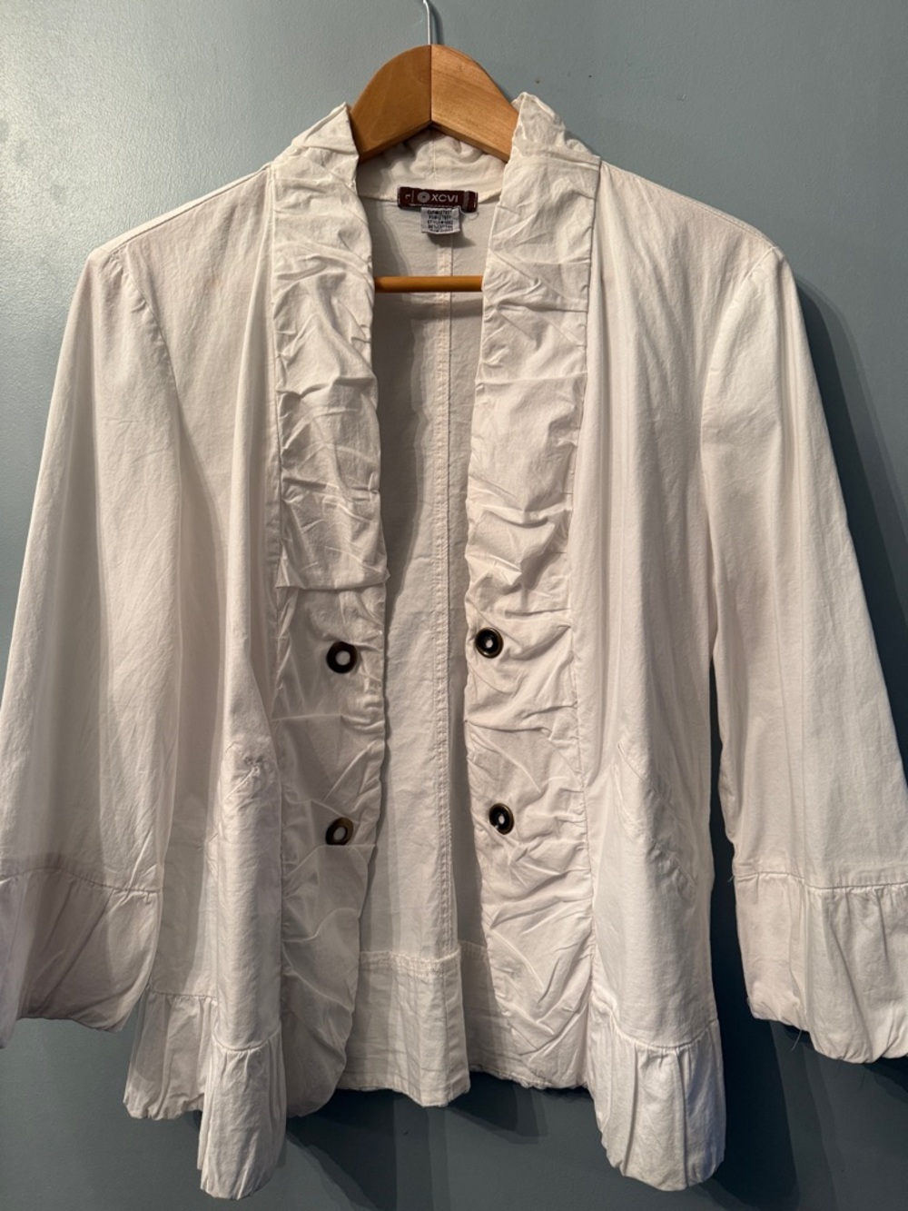 XCVI White Ruffle-Trim Open-Front Blazer
